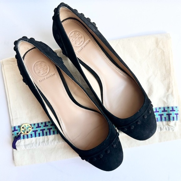 Tory Burch black suede leather stud Colt low block heels pumps 7 chunky slip-on - Picture 9 of 16
